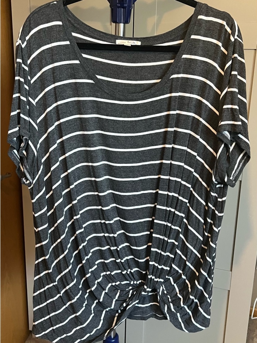 nine britton Charcoal & White Striped Scoop Neck Knot-Front Tee